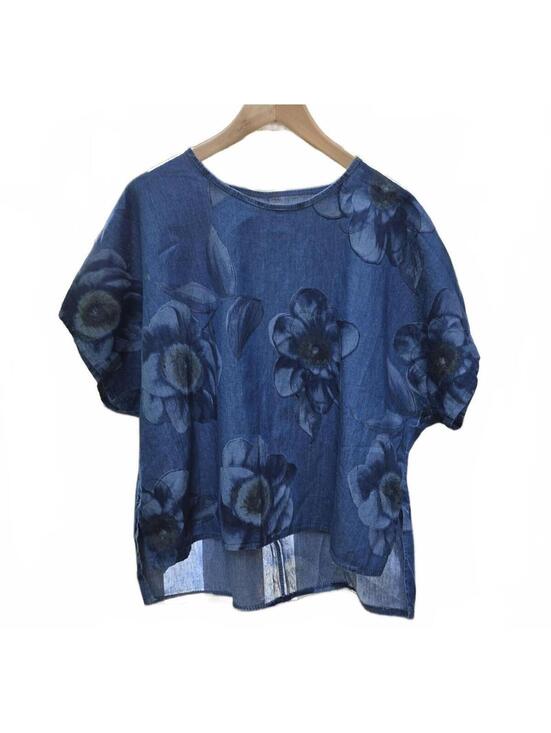 No Label Tops - Made in Italy Lagenlook Top Lg Blue Botanical Boho Arty Cotton Boxy Blouse